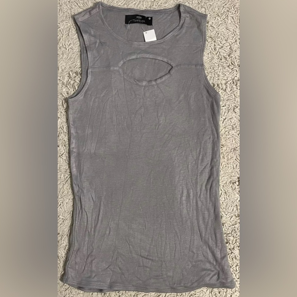 TWENTY5A gray grey ribbed sleeveless stretchy cut out shirt top XS 0